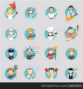 Badges with avatars of different professions with musicians martial arts doctor construction worker chef artist policewoman professor cleaner architect farmer postman and waitress