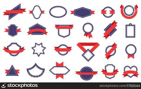 Badges with ribbons. Different shapes of award labels, winner ribbon. Quality badges, certificate seal st&banner. Flat vector set. Illustration achievement badge and mark, certificate st&quality. Badges with ribbons. Different shapes of award labels, winner ribbon. Quality badges, certificate seal st&banner. Flat vector set