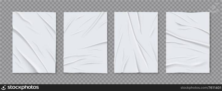 Badly glued wrinkled crumpled 4 white foil paper sheets posters set gray transparent background realistic vector illustration