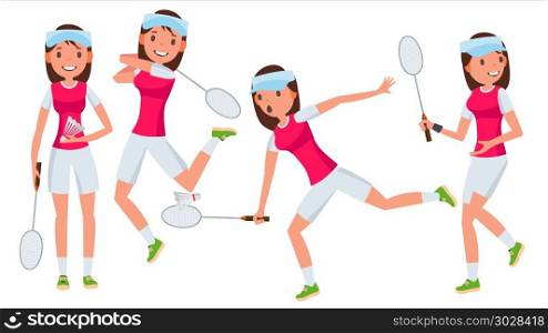 Badminton Female Player Vector. In Action. Championship Training. Cartoon Character Illustration. Badminton Female Player Vector. Playing In Different Poses. Woman. Athlete Isolated On White Cartoon Character Illustration