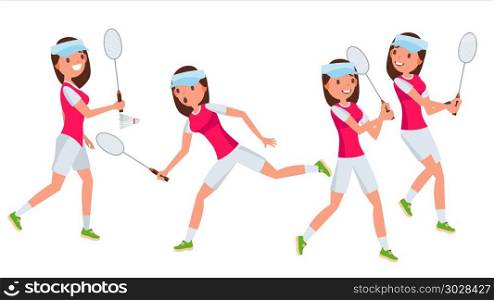 Badminton Female Player Vector. Playing In Different Poses. Woman. Athlete Isolated On White Cartoon Character Illustration. Badminton Young Woman Player Vector. Girl Athlete Player. Jumping, Practicing. Flat Cartoon Illustration