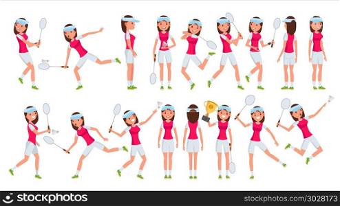 Badminton Girl Player Female Vector. Playing. Athlete In Uniform. Cartoon Athlete Character Illustration. Badminton Female Player Vector. In Action. Championship Training. Cartoon Character Illustration