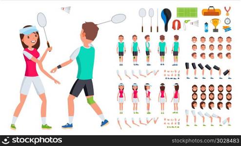 Badminton Player Male, Female Vector. Animated Character Creation Set. Man, Woman Full Length, Front, Side, Back View. Badminton Accessories. Poses, Emotions, Gestures. Flat Cartoon Illustration. Badminton Player Male, Female Vector. Animated Character Creation Set. Man, Woman Full Length, Front, Side, Back View. Badminton Accessories. Poses Emotions Gestures Flat Illustration