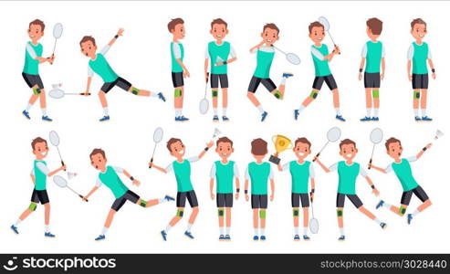 Badminton Player Male Vector. Summer Activity. Championship Training. Isolated Flat Cartoon Character Illustration. Badminton Man Player Male Vector. Athlete In Uniform. Jumping, Practicing. Cartoon Athlete Character Illustration