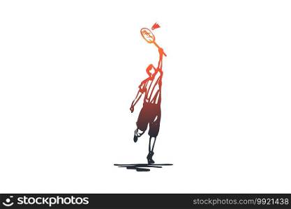 Badminton, player, rocket, sport, game concept. Hand drawn male badminton player with rocket concept sketch. Isolated vector illustration.. Badminton, player, rocket, sport, game concept. Hand drawn isolated vector.