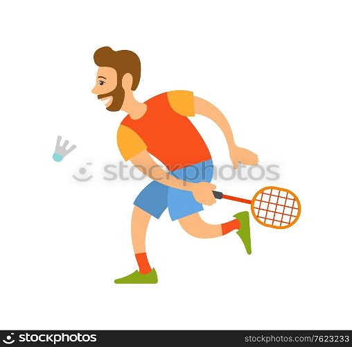 Badminton player with racket hitting shuttlecock or birdie isolated cartoon character. Vector men wearing summer clothes hitting bird, competitors on tournament. Flat cartoon. Badminton Player with Racket Hitting Shuttlecock
