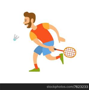 Badminton player with racket hitting shuttlecock or birdie isolated cartoon character. Vector men wearing summer clothes hitting bird, competitors on tournament. Flat cartoon. Badminton Player with Racket Hitting Shuttlecock