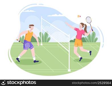 Badminton Player with Shuttle on Court in Flat Style Cartoon Illustration. Happy Playing Sport Game and Leisure Design