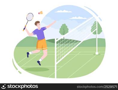 Badminton Player with Shuttle on Court in Flat Style Cartoon Illustration. Happy Playing Sport Game and Leisure Design