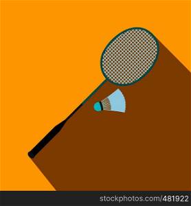 Badminton racket and shuttlecock flat icon on a yellow background. Badminton racket and shuttlecock flat icon