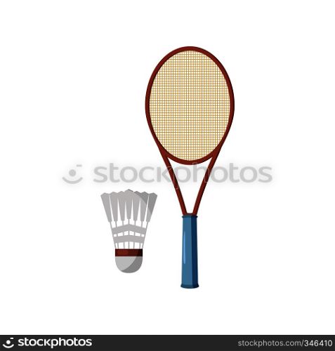 Badminton racket and shuttlecock icon in cartoon style on a white background. Badminton racket and shuttlecock icon