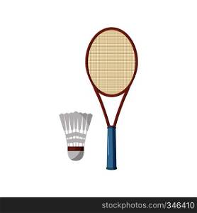 Badminton racket and shuttlecock icon in cartoon style on a white background. Badminton racket and shuttlecock icon