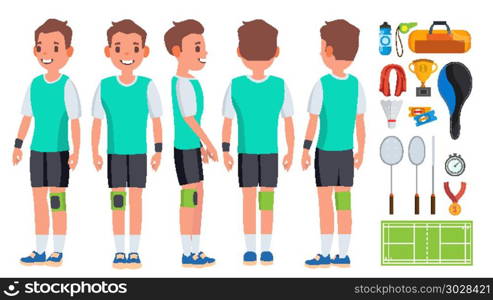 Badminton Young Man Player Vector. Motion Game. Speed Action. Man. Flat Athlete Cartoon Illustration. Badminton Player Male Vector. Summer Activity. Championship Training. Isolated Flat Cartoon Character Illustration