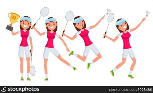 Badminton Young Woman Player Vector. Girl Athlete Player. Jumping, Practicing. Flat Cartoon Illustration. Badminton Player Female Vector. Summer Game. Shuttlecock. Isolated Flat Cartoon Character Illustration
