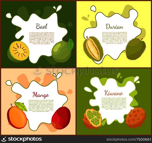 Bael and durian, posters set with text and tropical exotic fruits. Kiwano slice and succulent mango, meal for vegetarians and people on diet vector. Bael and Durian Posters Set Vector Illustration