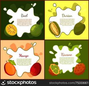 Bael and durian, posters set with text and tropical exotic fruits. Kiwano slice and succulent mango, meal for vegetarians and people on diet vector. Bael and Durian Posters Set Vector Illustration