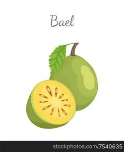 Bael exotic juicy fruit whole and cut vector isolated icon. Aegle marmelos, Bengal quince, golden stone wood apple, bitter orange. Tropical edible food. Bael Exotic Juicy Fruit Vector Isolated Icon Aegle