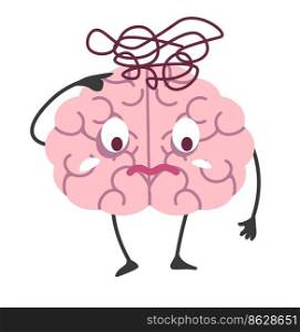 Baffled mind character, isolated puzzled brain cartoon character. Brainstorming confused or problematic issue to solve. Self education and development, creativity and uncertainty. Vector in flat style. Puzzled brain, confused and baffled mind character