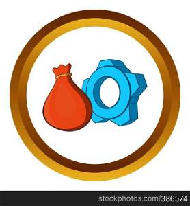 Bag and gear vector icon in golden circle, cartoon style isolated on white background. Bag and gear vector icon