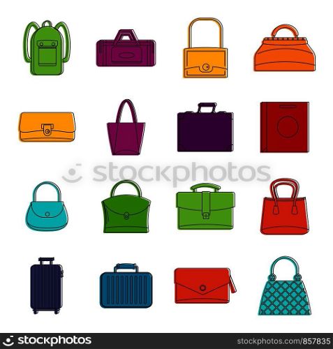 Bag baggage suitcase icons set. Doodle illustration of vector icons isolated on white background for any web design. Bag baggage suitcase icons doodle set