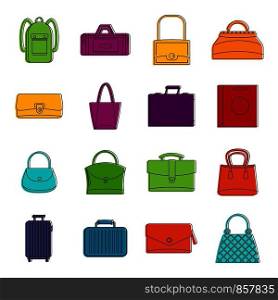 Bag baggage suitcase icons set. Doodle illustration of vector icons isolated on white background for any web design. Bag baggage suitcase icons doodle set
