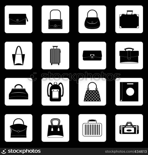 Bag baggage suitcase icons set in white squares on black background simple style vector illustration. Bag baggage suitcase icons set squares vector