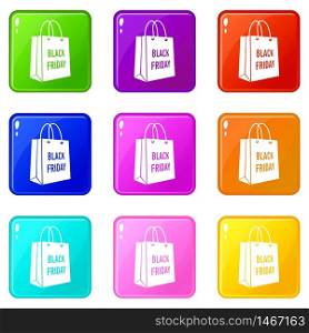 Bag black friday icons set 9 color collection isolated on white for any design. Bag black friday icons set 9 color collection