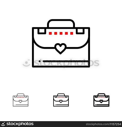 Bag, Briefcase, Love Bold and thin black line icon set