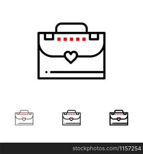 Bag, Briefcase, Love Bold and thin black line icon set