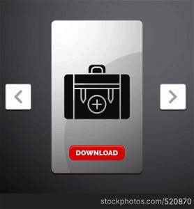 bag, camping, health, hiking, luggage Glyph Icon in Carousal Pagination Slider Design & Red Download Button. Vector EPS10 Abstract Template background
