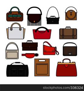 Bag colored icons on white background. Bags, purse and handbags vector icons. Bag colored icons. Bags and handbags vector icons