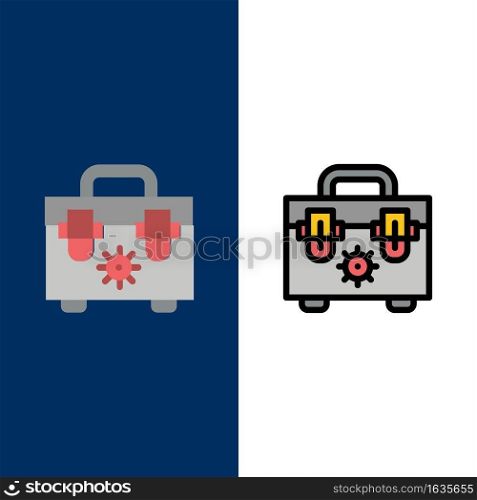 Bag, Construction, Tools  Icons. Flat and Line Filled Icon Set Vector Blue Background