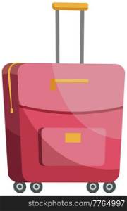 Bag for travel and storage. Travel container vector illustration. Pink fabric suitcase with long handle for holding. Suitcase for women for storing clothes. Valise isolated on white background. Suitcase for women for storing clothes. Pink fabric valise with long handle for holding and carrying