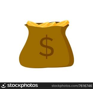 Bag of golden coins with dollar sign isolated on white. Vector sack of gold, investment and profit concept. Economy and income, payments exchange. Bag of Gold Coins with Dollar Sign Isolated Vector