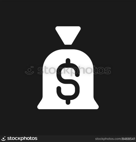 Bag of money dark mode glyph ui icon. Personal savings. Finance, banking. User interface design. White silhouette symbol on black space. Solid pictogram for web, mobile. Vector isolated illustration. Bag of money dark mode glyph ui icon