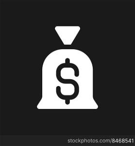 Bag of money dark mode glyph ui icon. Personal savings. Finance, banking. User interface design. White silhouette symbol on black space. Solid pictogram for web, mobile. Vector isolated illustration. Bag of money dark mode glyph ui icon