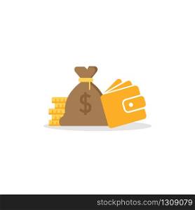 Bag of money next to coins and wallet on a white background. Financial savings. Vector EPS 10