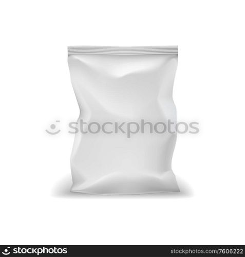 Bag pack, white foil doypack and sachet pouch template mockup. Vector isolated realistic 3D blank glossy doy pack, chip snack, candy pack with zipper, wet towels and cosmetic product package. Foil bag pack, white sachet pouch doy package