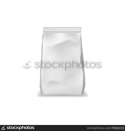 Bag pack, white foil doypack and sachet pouch template mockup. Vector isolated realistic 3D blank glossy doy pack, chip snack, candy pack with zipper, wet towels and cosmetic product package. Foil bag pack, white sachet pouch doy package
