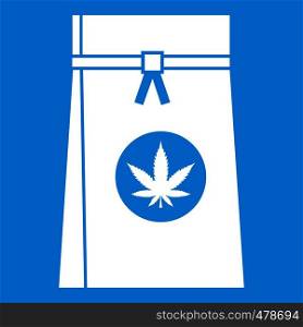 Bag with cannabis icon white isolated on blue background vector illustration. Bag with cannabis icon white
