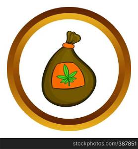 Bag with cannabis vector icon in golden circle, cartoon style isolated on white background. Bag with cannabis vector icon