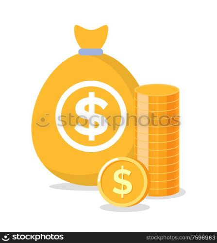 Bag with coins, golden money, bank and investment element, moneybag with dollars, finance and currency, profit sign, charity or investment vector. Charity or Investment, Golden Bag of Money Vector