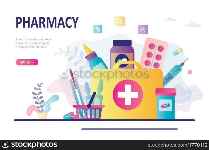 Bag with different medical pills and bottles. Healthcare, pharmacy landing page template. First aid kit, medicine chest. Drug medication and supplements collection. Trendy flat vector illustration. Bag with different medical pills and bottles. Healthcare, pharmacy landing page template. First aid kit, medicine chest.