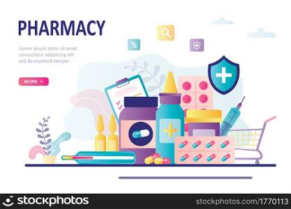 Bag with different medical pills and bottles. Healthcare, pharmacy landing page template. First aid kit, medicine chest. Drug medication and supplements collection. Trendy flat vector illustration. Bag with different medical pills and bottles. Healthcare, pharmacy landing page template. First aid kit, medicine chest.