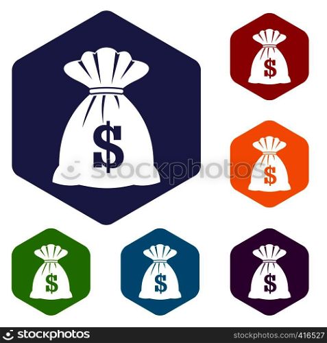 Bag with dollars icons set rhombus in different colors isolated on white background. Bag with dollars icons set