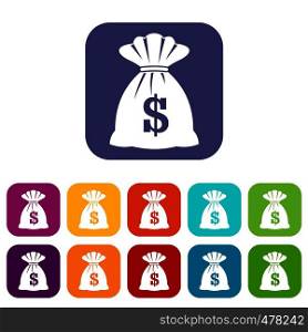 Bag with dollars icons set vector illustration in flat style in colors red, blue, green, and other. Bag with dollars icons set