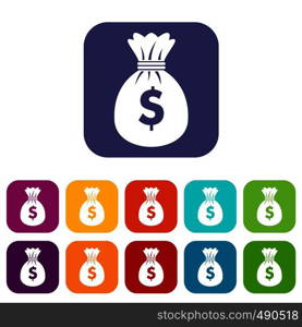 Bag with dollars icons set vector illustration in flat style in colors red, blue, green, and other. Bag with dollars icons set