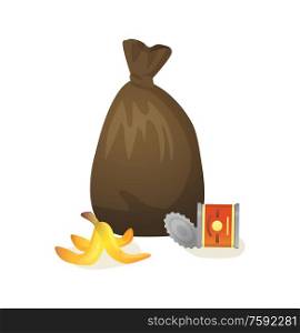 bag with garbage vector, isolated icon in flat style, banana skin and jar made of metal material, conservation of planet, environmental problems issues. Concept for Earth day. Plastic Bag with Collected Garbage Isolated Icon