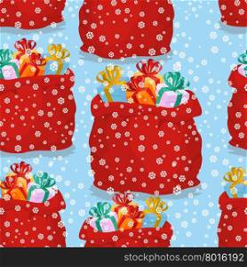 Bag with gifts seamless pattern. Christmas background red sack Santa Claus. Snowfall and holiday texture.&#xA;