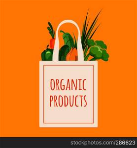 Bag with organic vegetables. Fresh organic food on paper bag. Vector illustration. Bag with organic vegetables